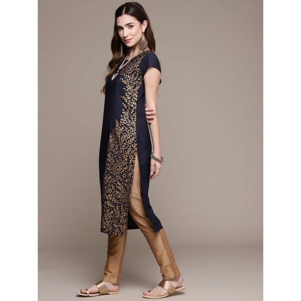 Women's Casual Floral Printed Crepe Kurti with Short Sleeves (Blue / Brown) - warehousetech13
