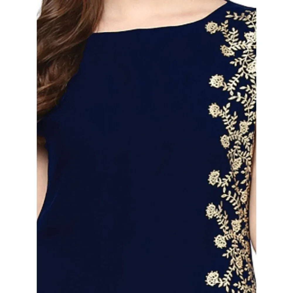 Floral Printed Crepe Kurti for Women without Sleeves (Blue) - warehousetech13