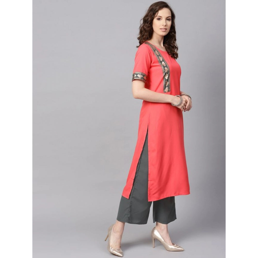 Women’s Relaxed Half Sleeve Floral Design Crepe Kurti and Palazzo Ensemble (Peach) - warehousetech13