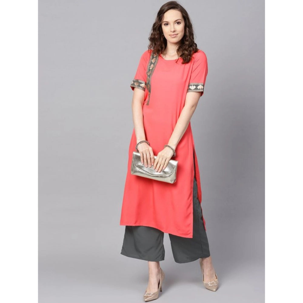Women’s Relaxed Half Sleeve Floral Design Crepe Kurti and Palazzo Ensemble (Peach) - warehousetech13