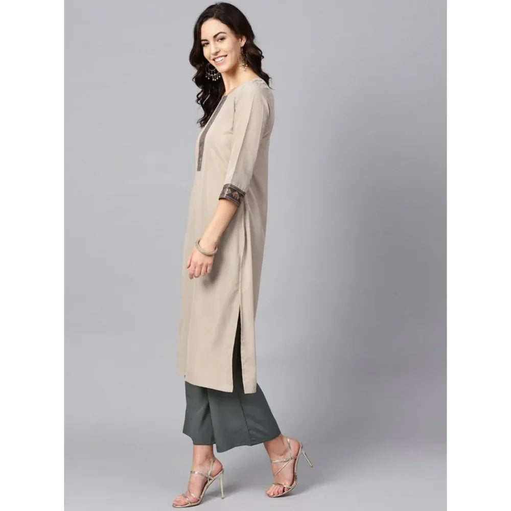 Ladies' Casual 3/4 Sleeve Floral Printed Crepe Kurti and Palazzo Set (Beige) - warehousetech13