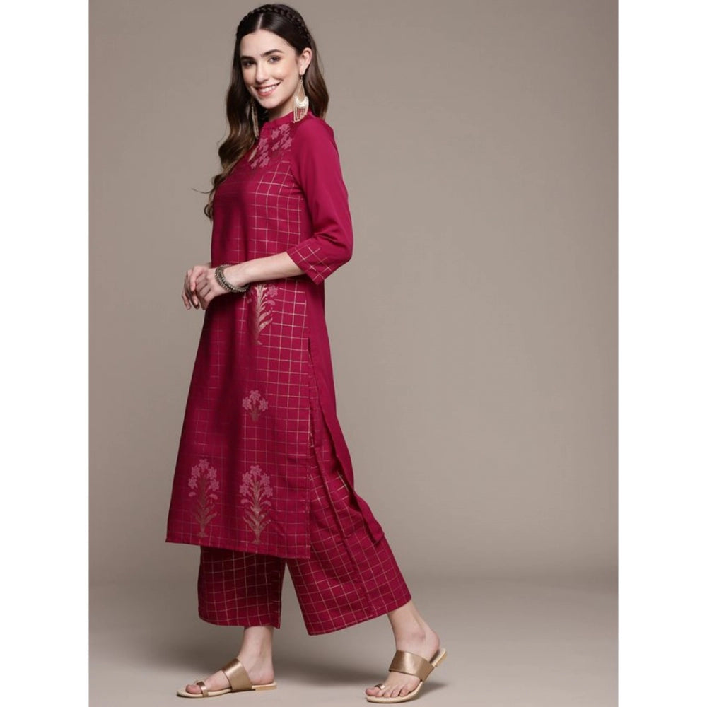 Casual 3/4 Sleeve Floral Printed Crepe Kurti and Palazzo Set for Women (Maroon) - warehousetech13