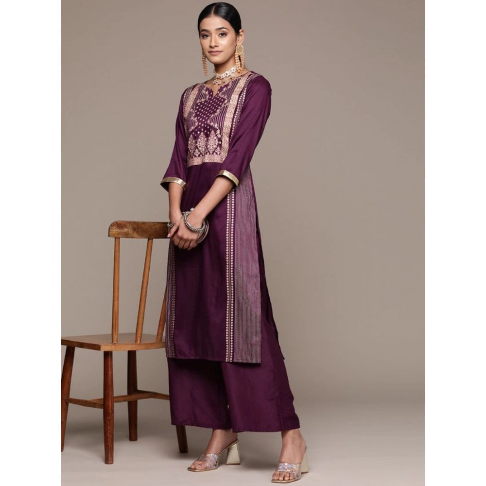 Women's Ethnic Motifs 3/4 Sleeve Casual Chinon Kurti and Palazzo Set (Purple) - warehousetech13