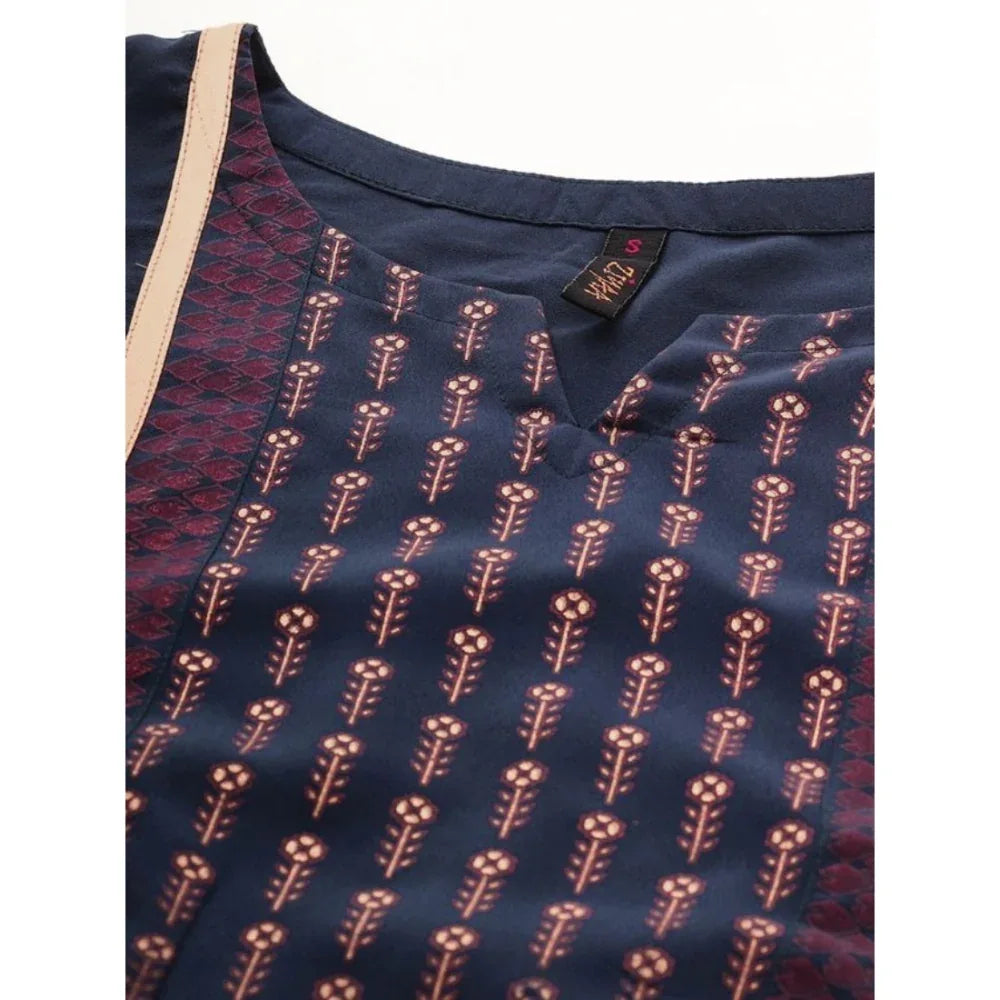 Ladies' Casual 3/4 Sleeve Solid Crepe Kurti and Palazzo Set (Navy Blue) - warehousetech13