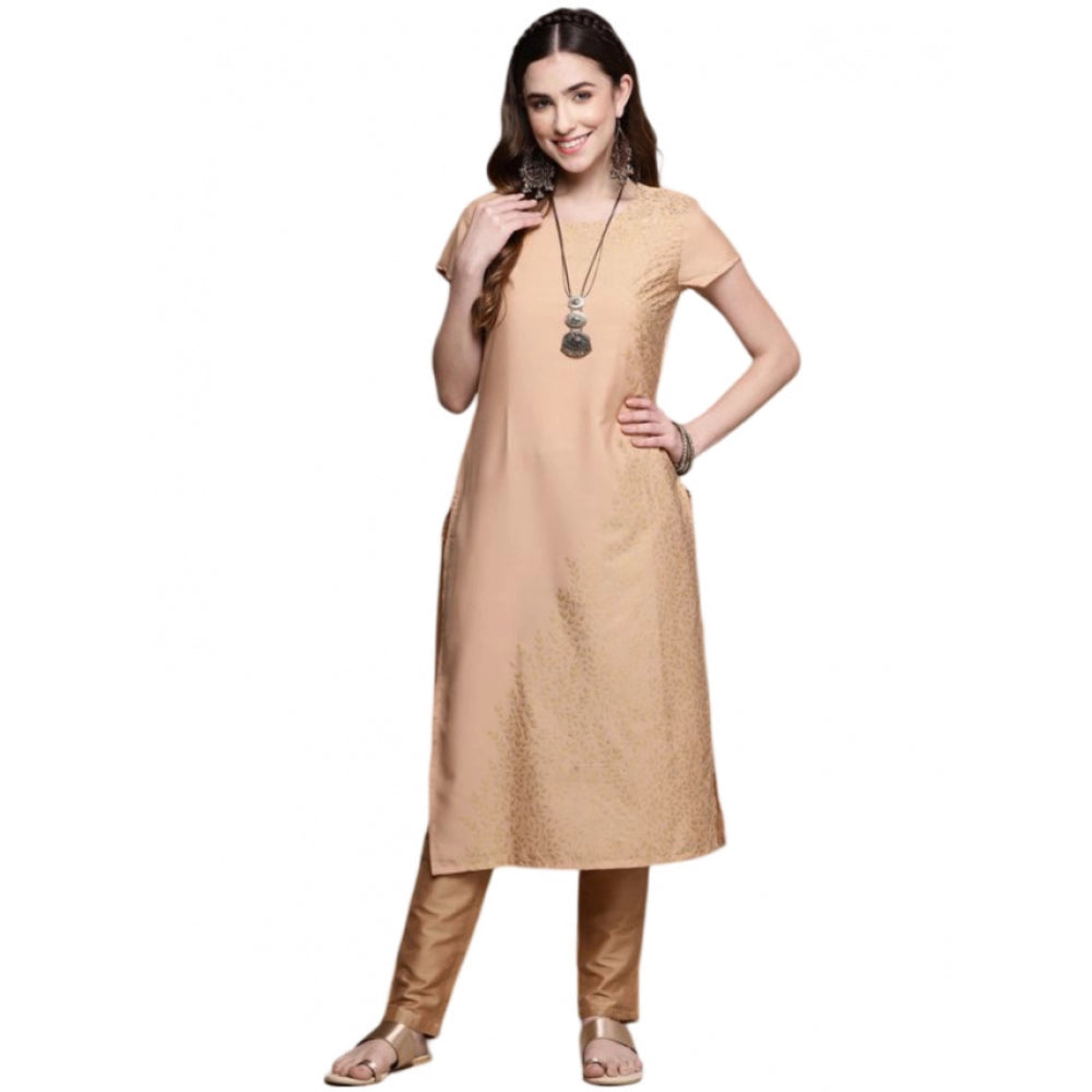 Ladies' Casual Short Sleeve Floral Print Crepe Kurti (Peach) - warehousetech13