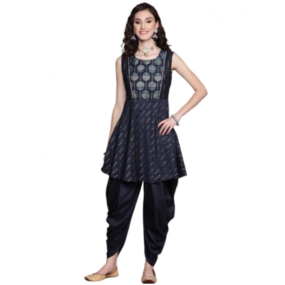 Floral Printed Chinon Kurti and Dhoti Pant Set for Women (Dark Blue) with Sleeveless Design. - warehousetech13