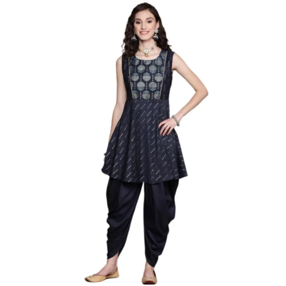 Floral Printed Chinon Kurti and Dhoti Pant Set for Women (Dark Blue) with Sleeveless Design. - warehousetech13