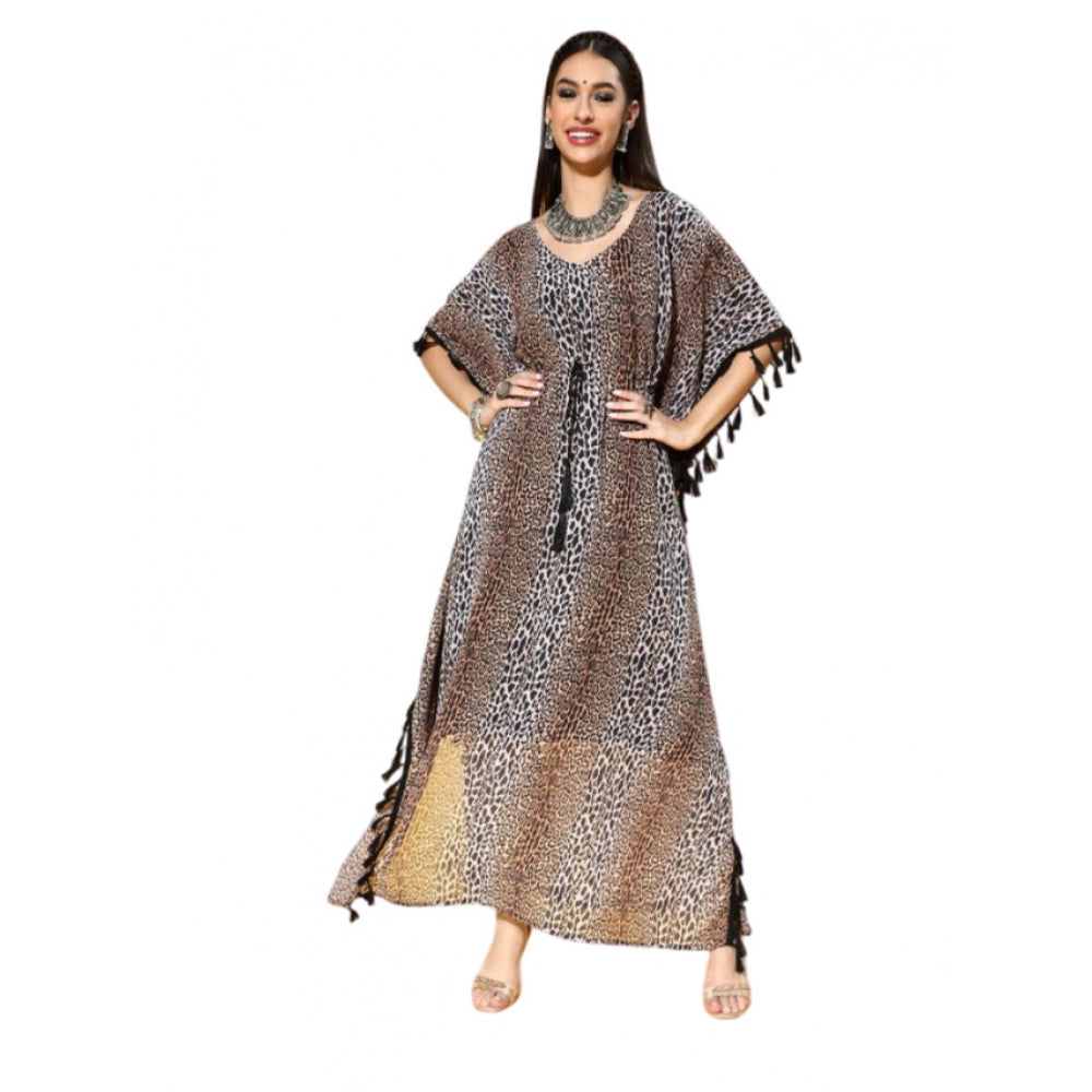 Women's Casual Georgette Kurti with Half Sleeves and Animal Print (Brown) - warehousetech13