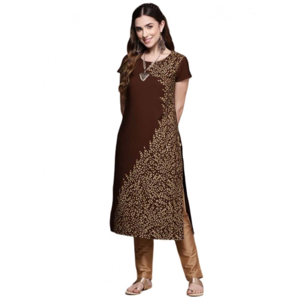 Women's Casual Floral Printed Crepe Kurti with Short Sleeves (Blue / Brown) - warehousetech13