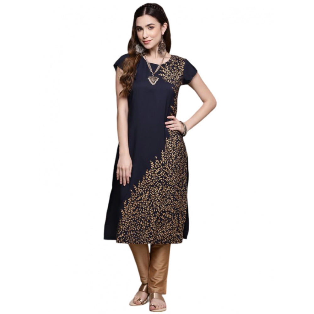 Women's Casual Floral Printed Crepe Kurti with Short Sleeves (Blue / Brown) - warehousetech13