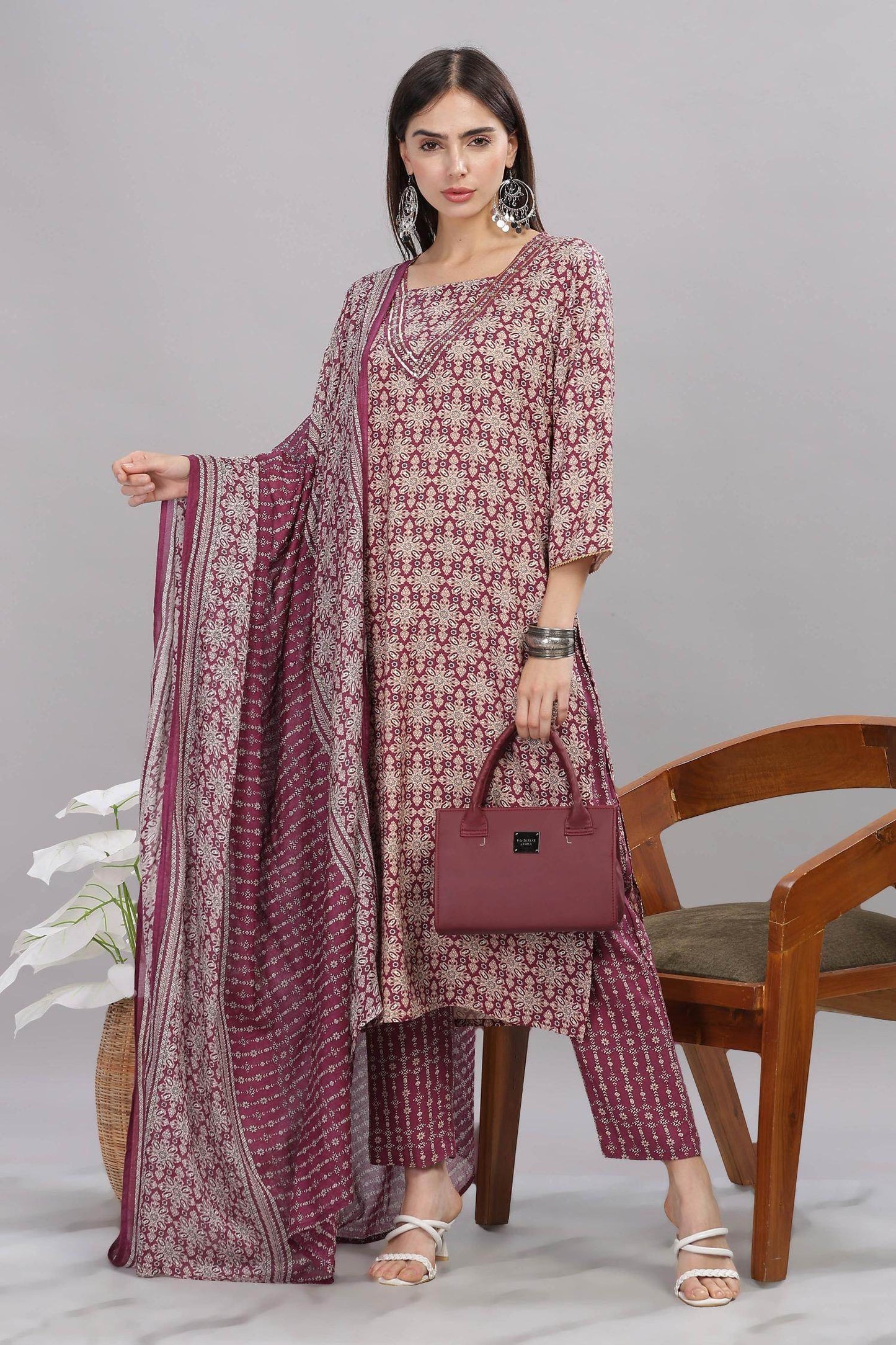 Firdous Rayon Maroon Kurta Set with Dupatta for Women – Elegant Festive & Ethnic Wear Outfit