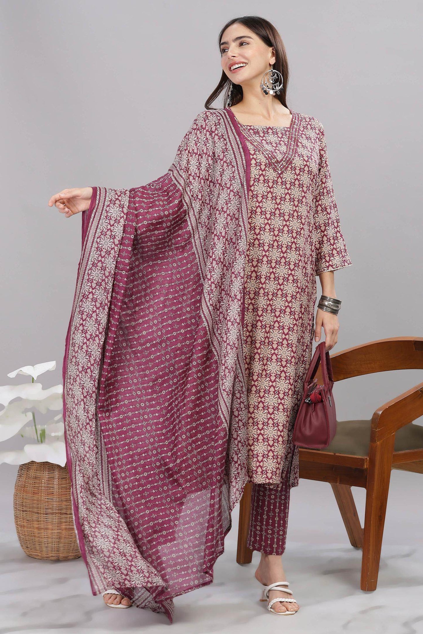 Firdous Rayon Maroon Kurta Set with Dupatta for Women – Elegant Festive & Ethnic Wear Outfit
