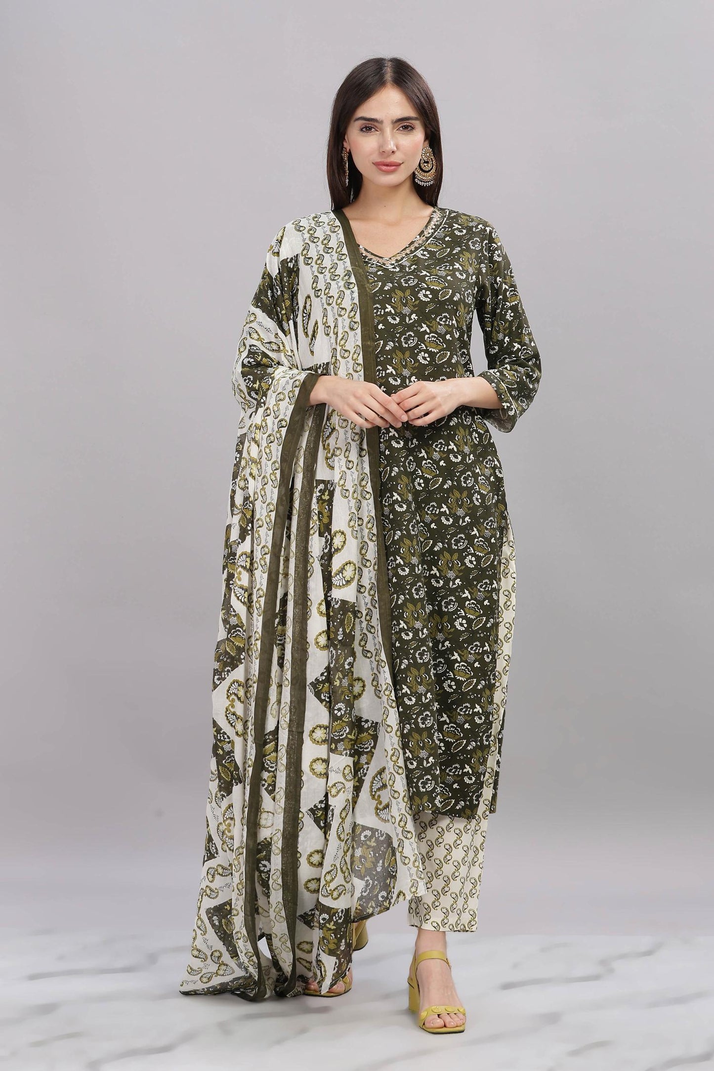 Firdous Olive Rayon Kurta Set with Dupatta | Elegant Ethnic Wear for Women