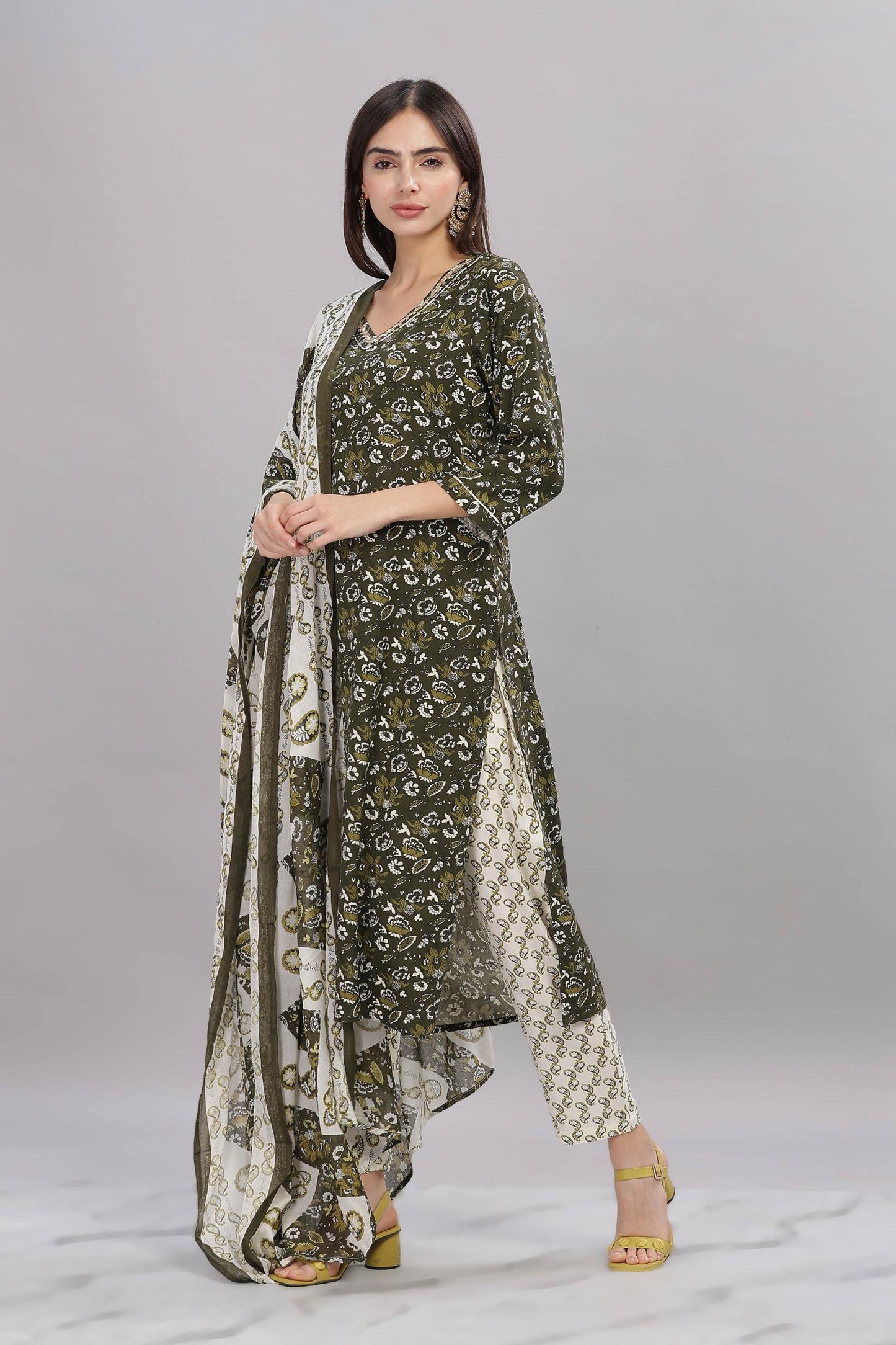 Firdous Olive Rayon Kurta Set with Dupatta | Elegant Ethnic Wear for Women