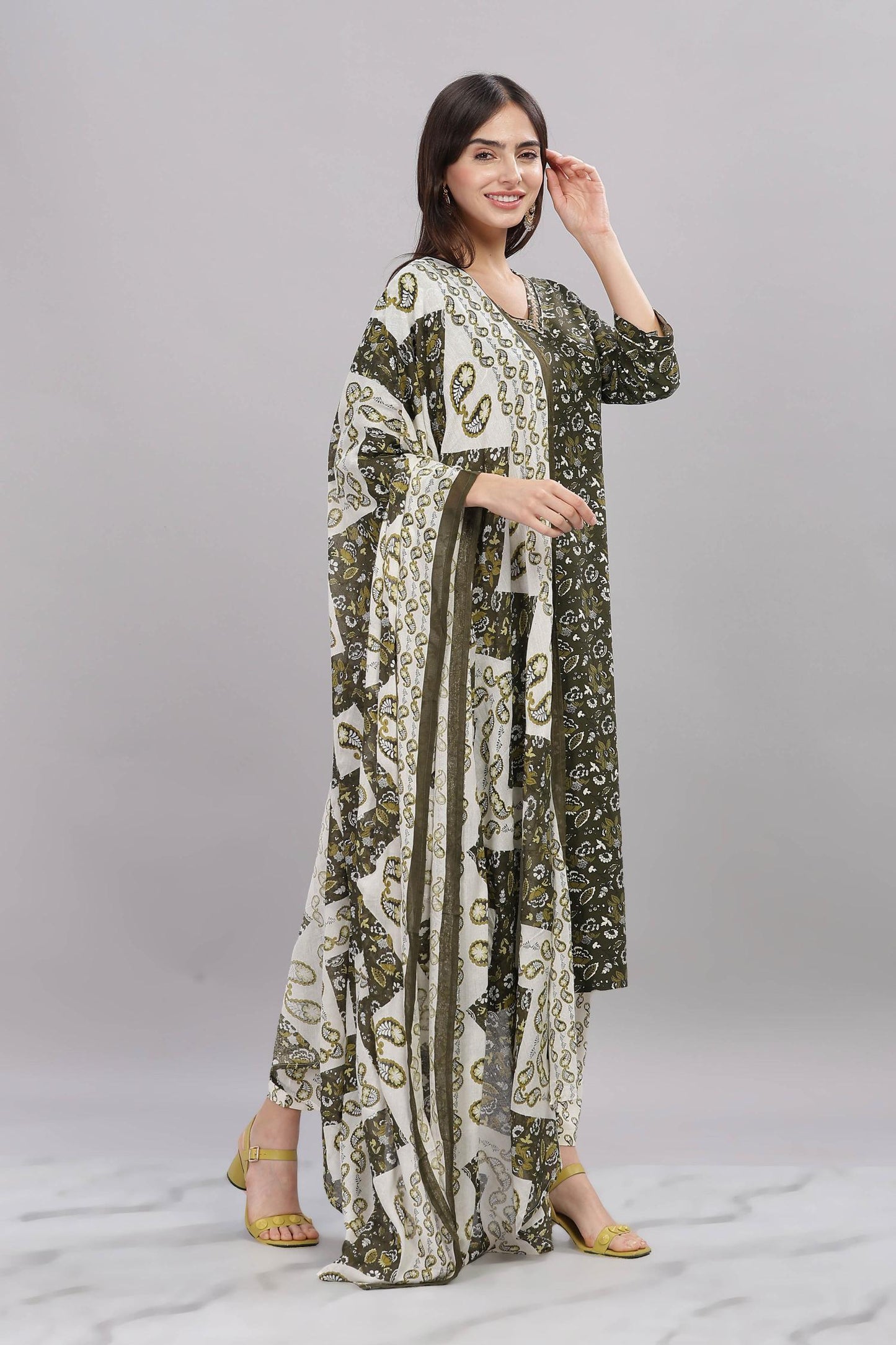 Firdous Olive Rayon Kurta Set with Dupatta | Elegant Ethnic Wear for Women