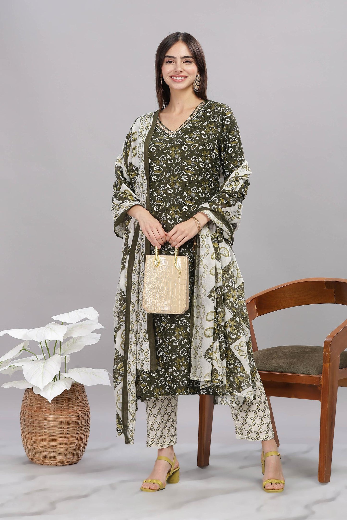 Firdous Olive Rayon Kurta Set with Dupatta | Elegant Ethnic Wear for Women
