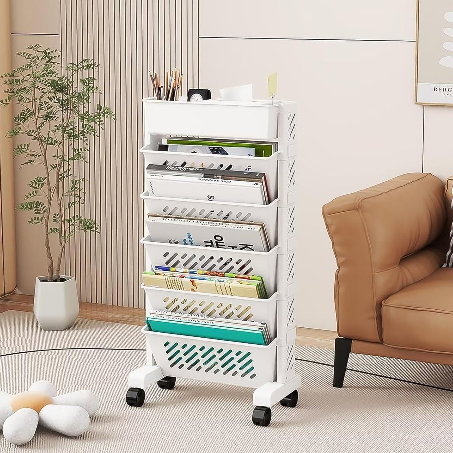 Movable Bookshelf Large Capacity Rotatable Plastic Rolling Organization Shelf Rack - warehousetech13
