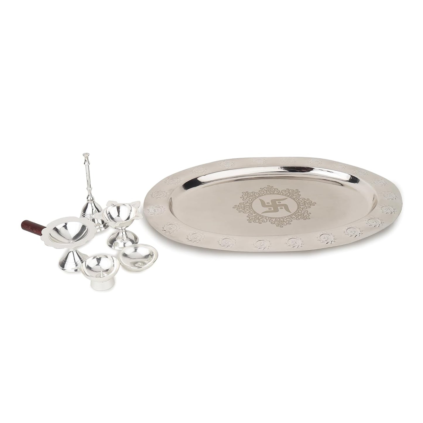 Divyaneel Swastik Theme Brass Pooja Thali – Silver Plated | Handcrafted Ritual Plate with 4 Incense Holders & Sacred Bell | Traditional Indian Puja Set.Sacred Swastik Design - warehousetech13
