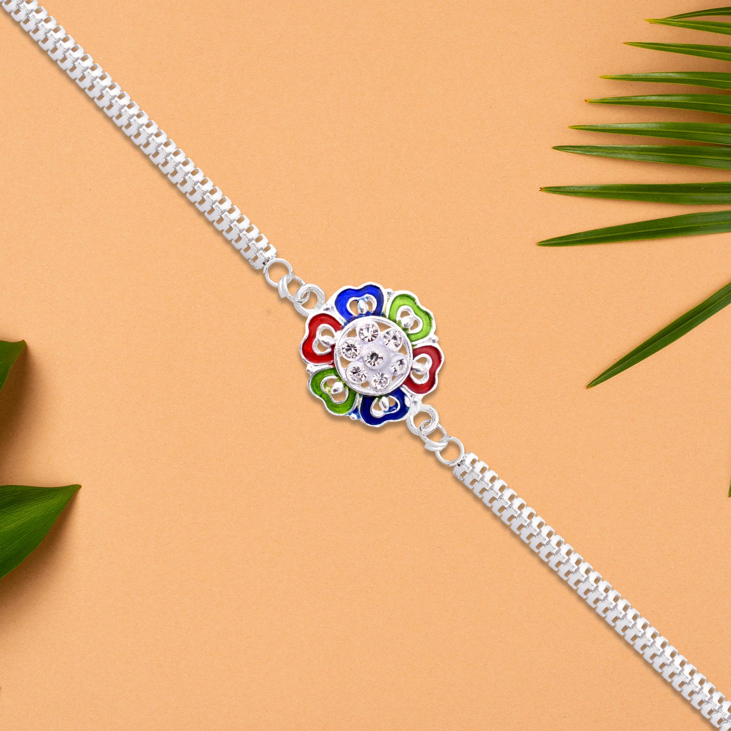 Silver Floral Rakhi With Multicolor Enamel And Stones - warehousetech13