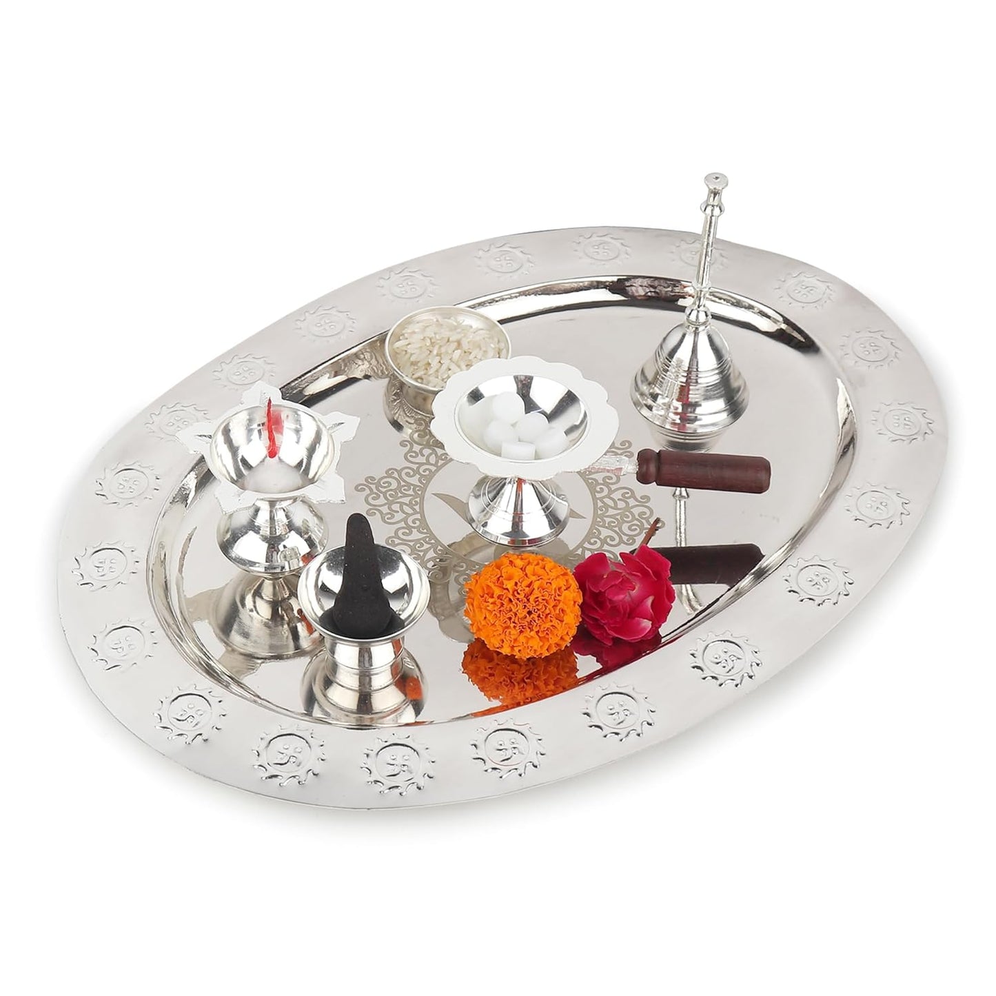 Divyaneel Swastik Theme Brass Pooja Thali – Silver Plated | Handcrafted Ritual Plate with 4 Incense Holders & Sacred Bell | Traditional Indian Puja Set.Sacred Swastik Design - warehousetech13