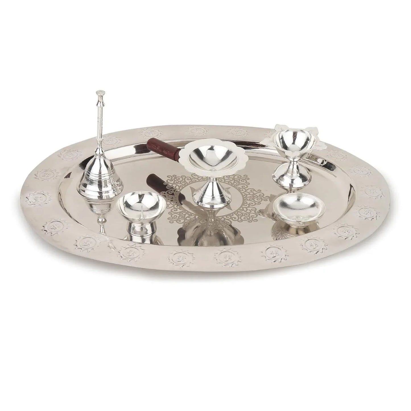 Divyaneel Swastik Theme Brass Pooja Thali – Silver Plated | Handcrafted Ritual Plate with 4 Incense Holders & Sacred Bell | Traditional Indian Puja Set.Sacred Swastik Design - warehousetech13