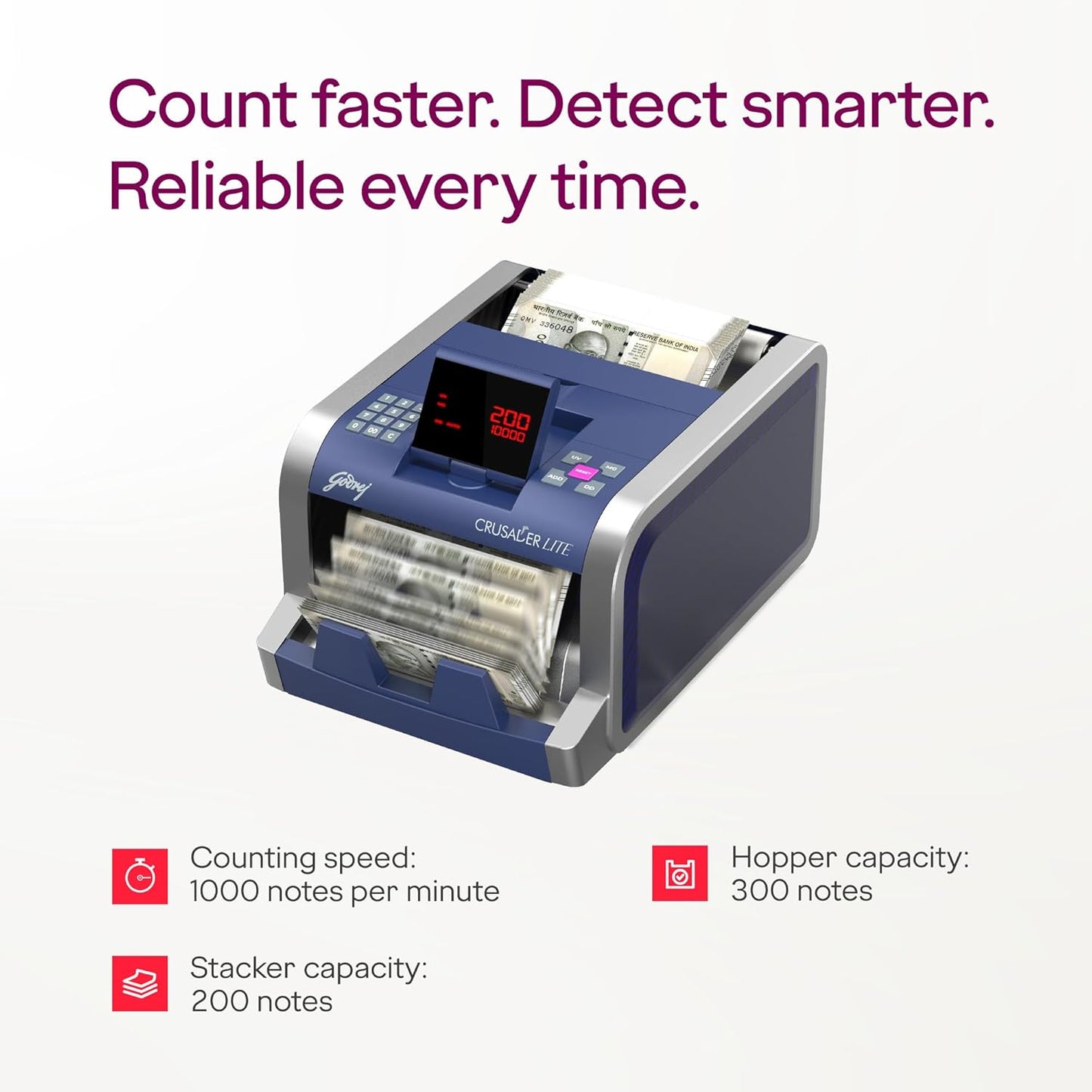 Godrej Security Solutions Crusader Lite Display Currency Counter with Customer Display Unit | Fully Automatic & Mg, Uv & Ir Fake Note Detector - warehousetech13