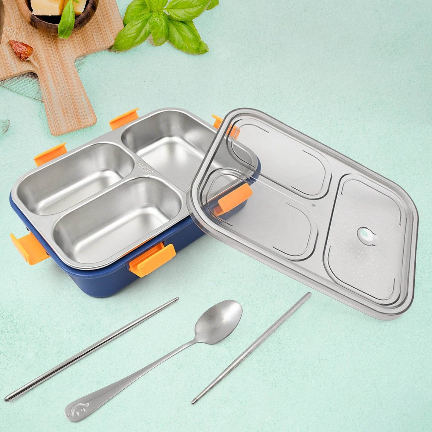 Lunch Box With A Spoon And A Pair Of Chopsticks (1 Set) 3 Compartment Transparent Stainless Steel - warehousetech13