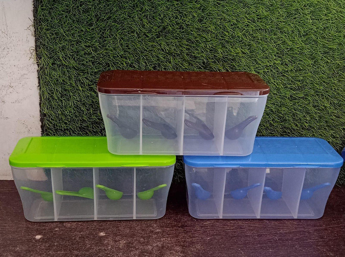 Airtight 4-section kitchen storage jar with spoons