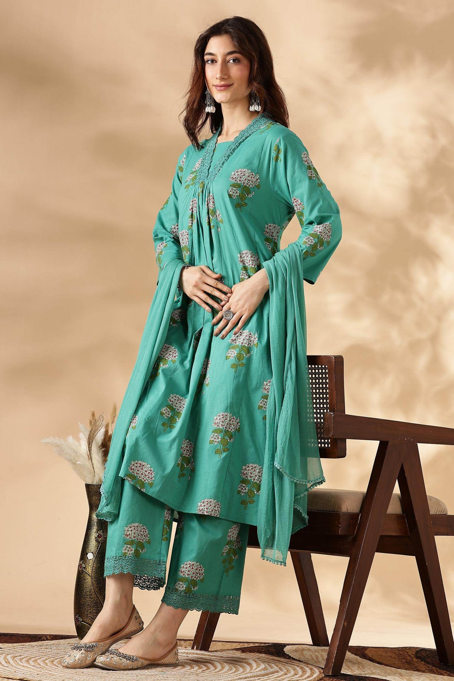 Karishma Cotton Green Kurta Set with Dupatta | Elegant Ethnic Wear for Women