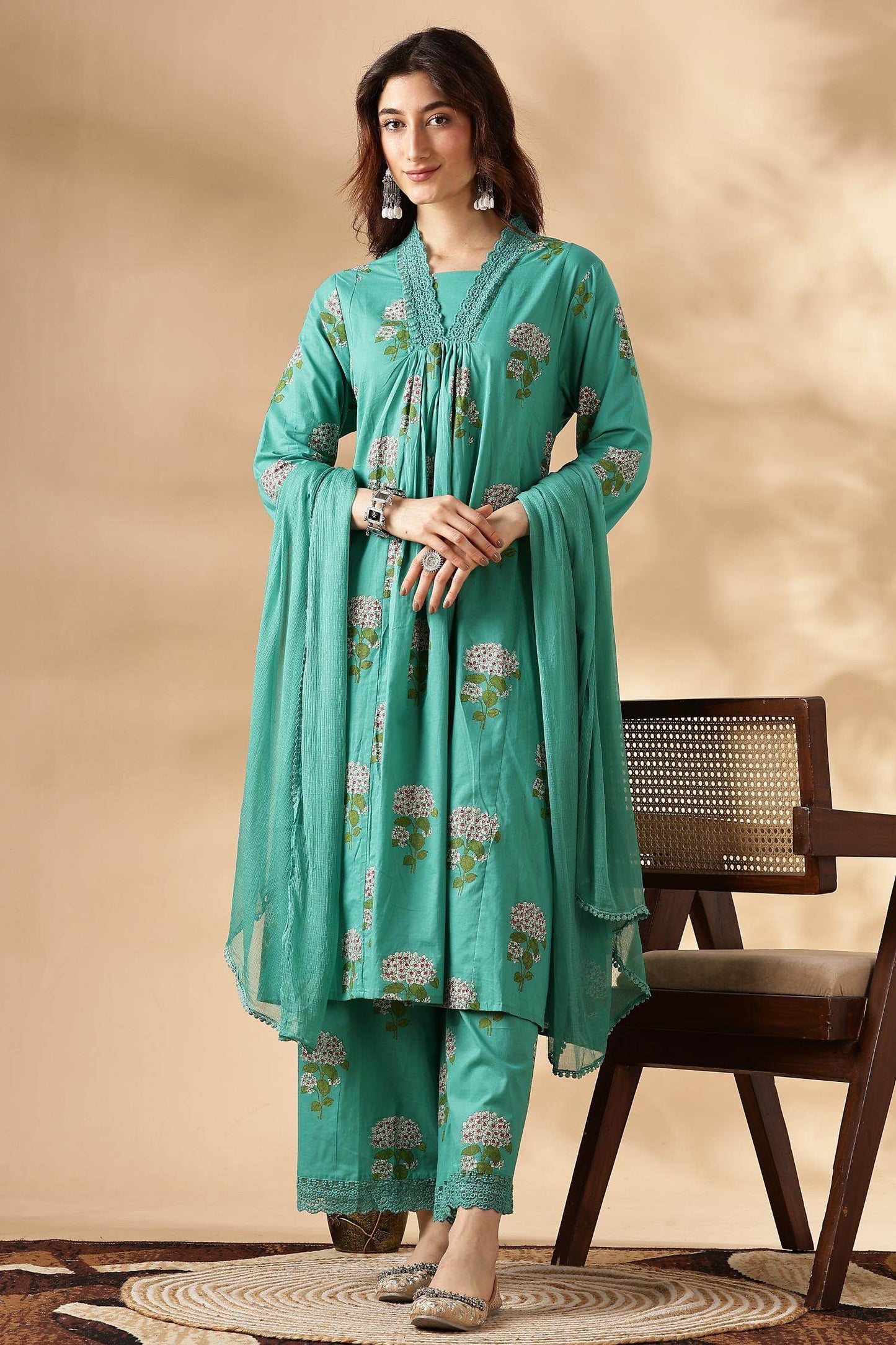 Karishma Cotton Green Kurta Set with Dupatta | Elegant Ethnic Wear for Women