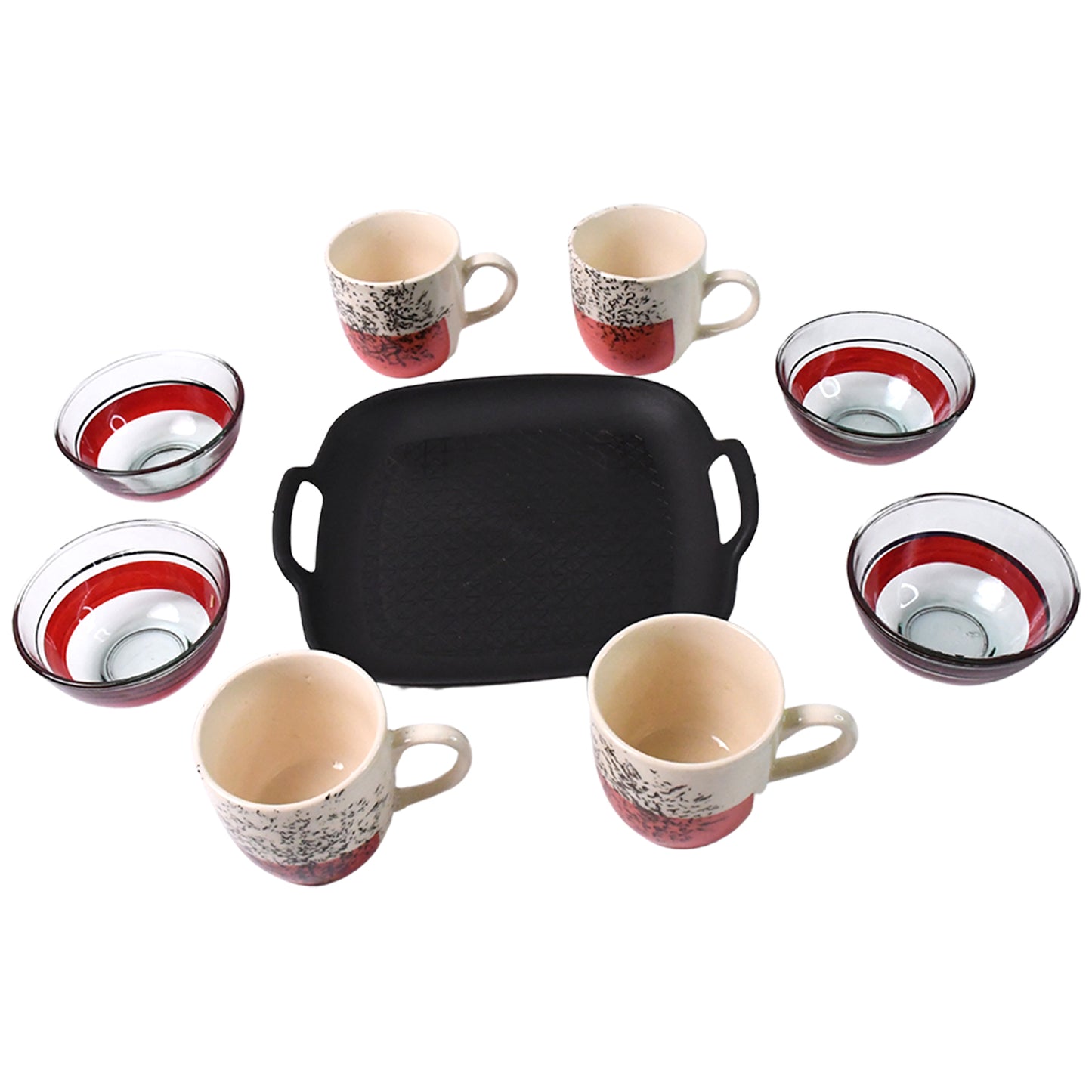 Healthy Choice Set Of 4pc Ceramic Cup And 4pc Glass Bowl With Plastic Plate (9 Pcs Set) - warehousetech13