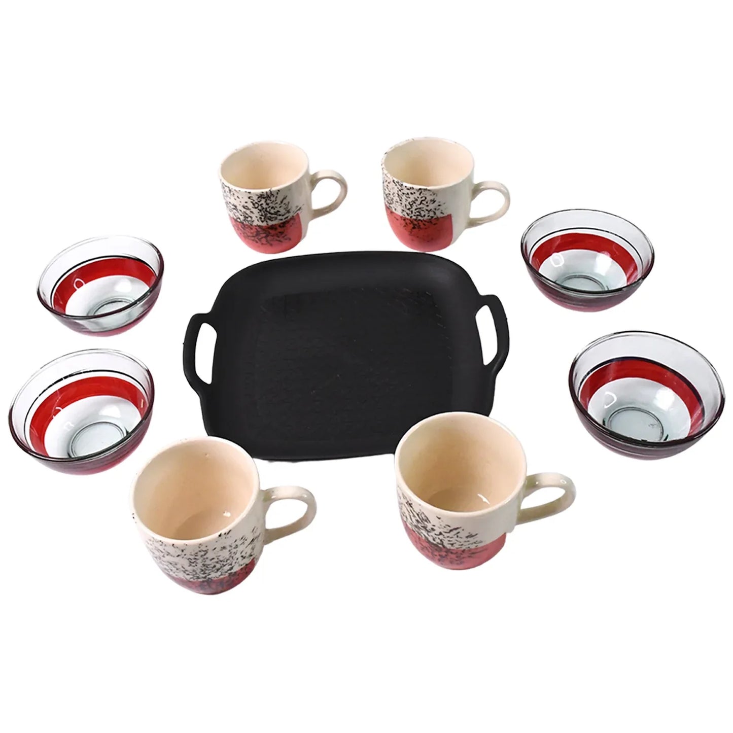 Healthy Choice Set Of 4pc Ceramic Cup And 4pc Glass Bowl With Plastic Plate (9 Pcs Set) - warehousetech13