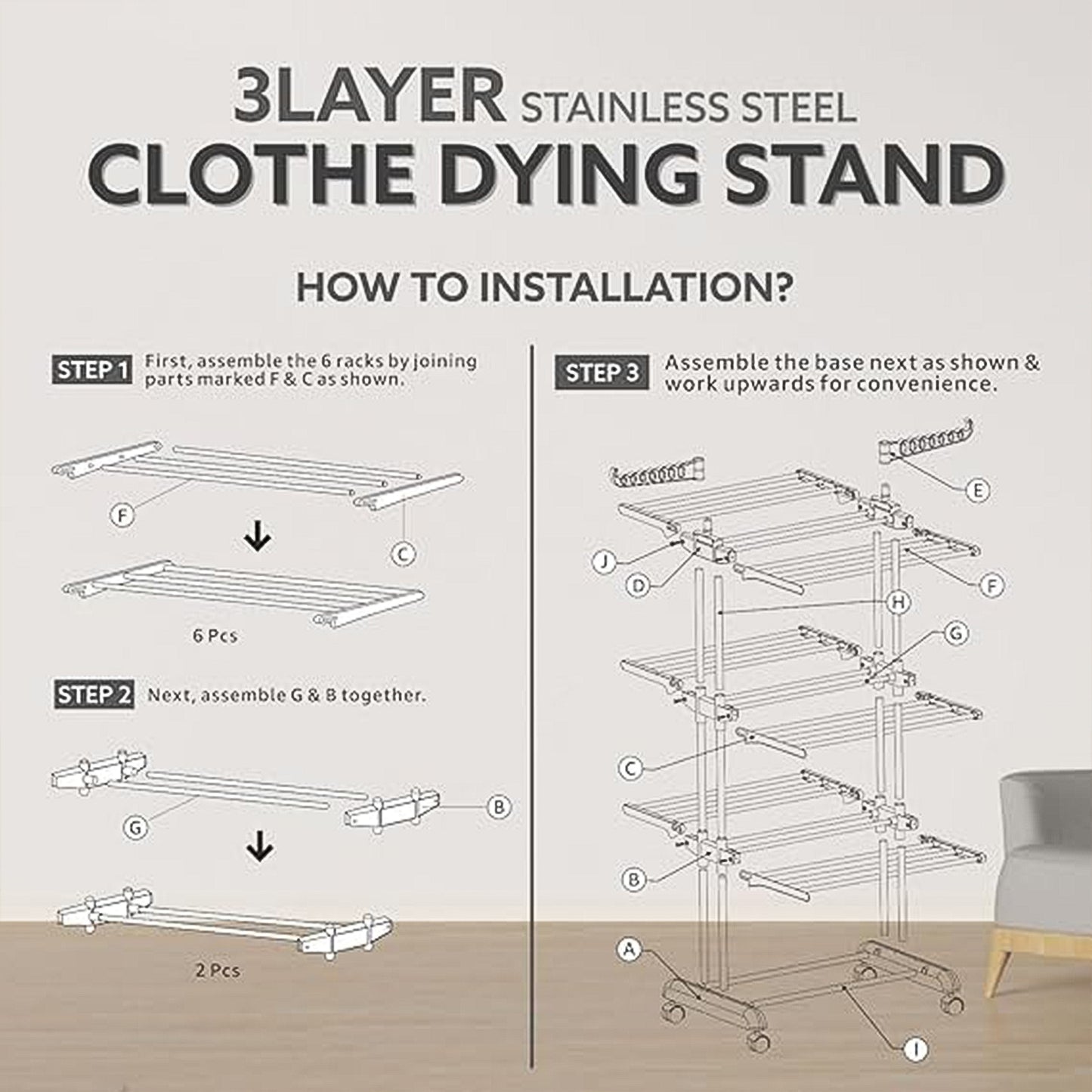 3-tier Foldable Stainless Steel Cloth Drying Stand With Wheels - warehousetech13