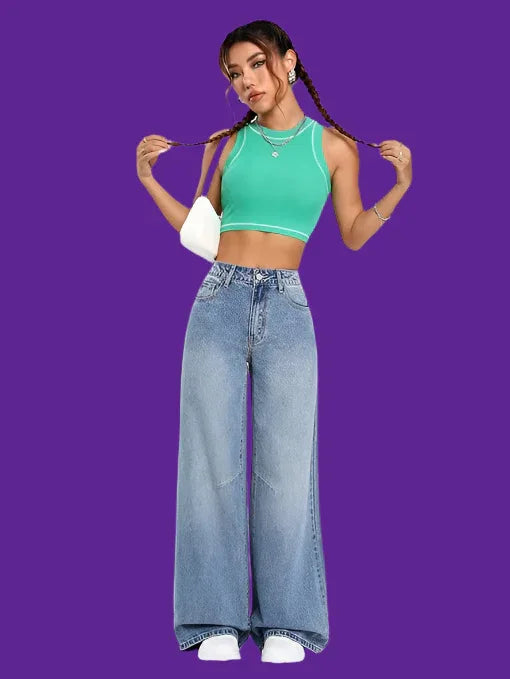 Women High Waisted Aquamarine Blue Jeans - warehousetech13