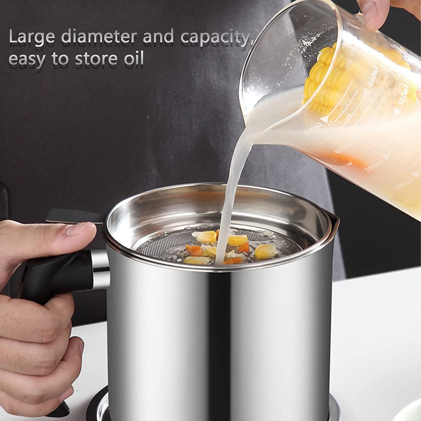 Stainless Steel Oil Strainer Pot with Lid & Filter Mesh | Grease Storage Container with Heat-Resistant Handle & Easy Pour Spout (1 Set)
