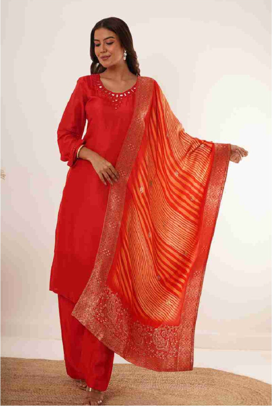 The Aaina Range of Women's Embroidered Kurta Set – Ethnic Motifs and Mirror Work with Salwar and Dupatta