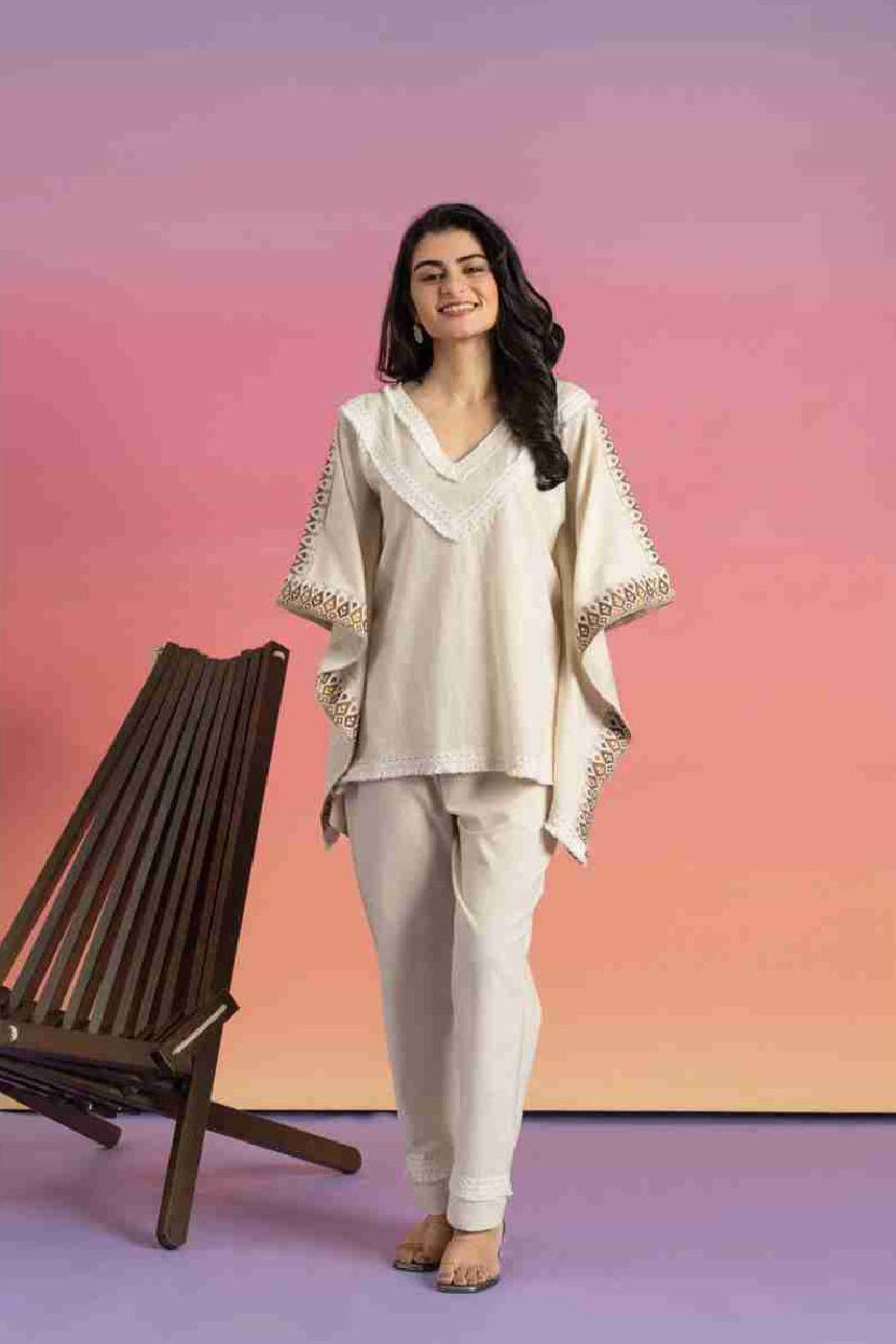Amaara Embroidered Borders Beige Kaftan Set - warehousetech13