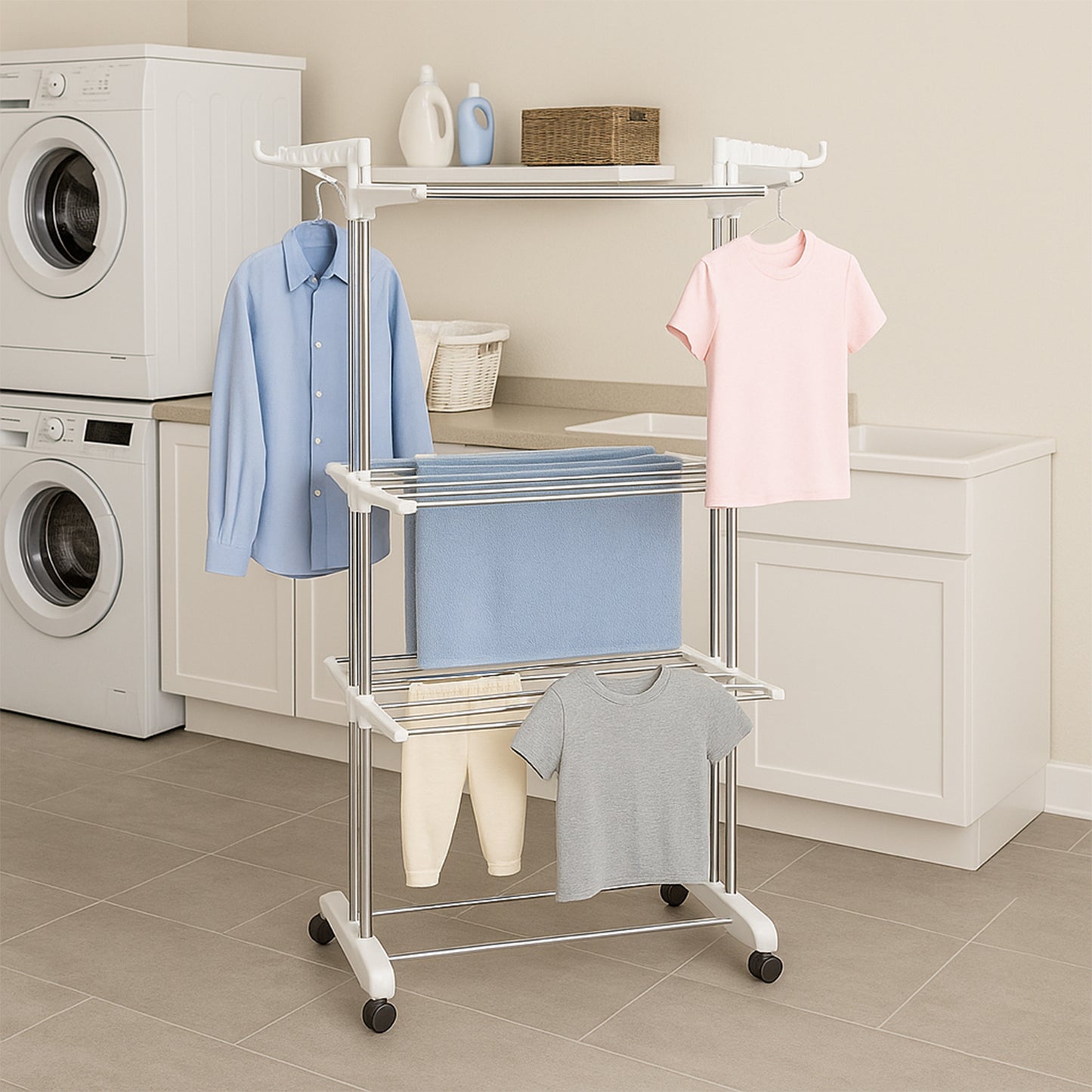 3-tier Foldable Stainless Steel Cloth Drying Stand With Wheels - warehousetech13