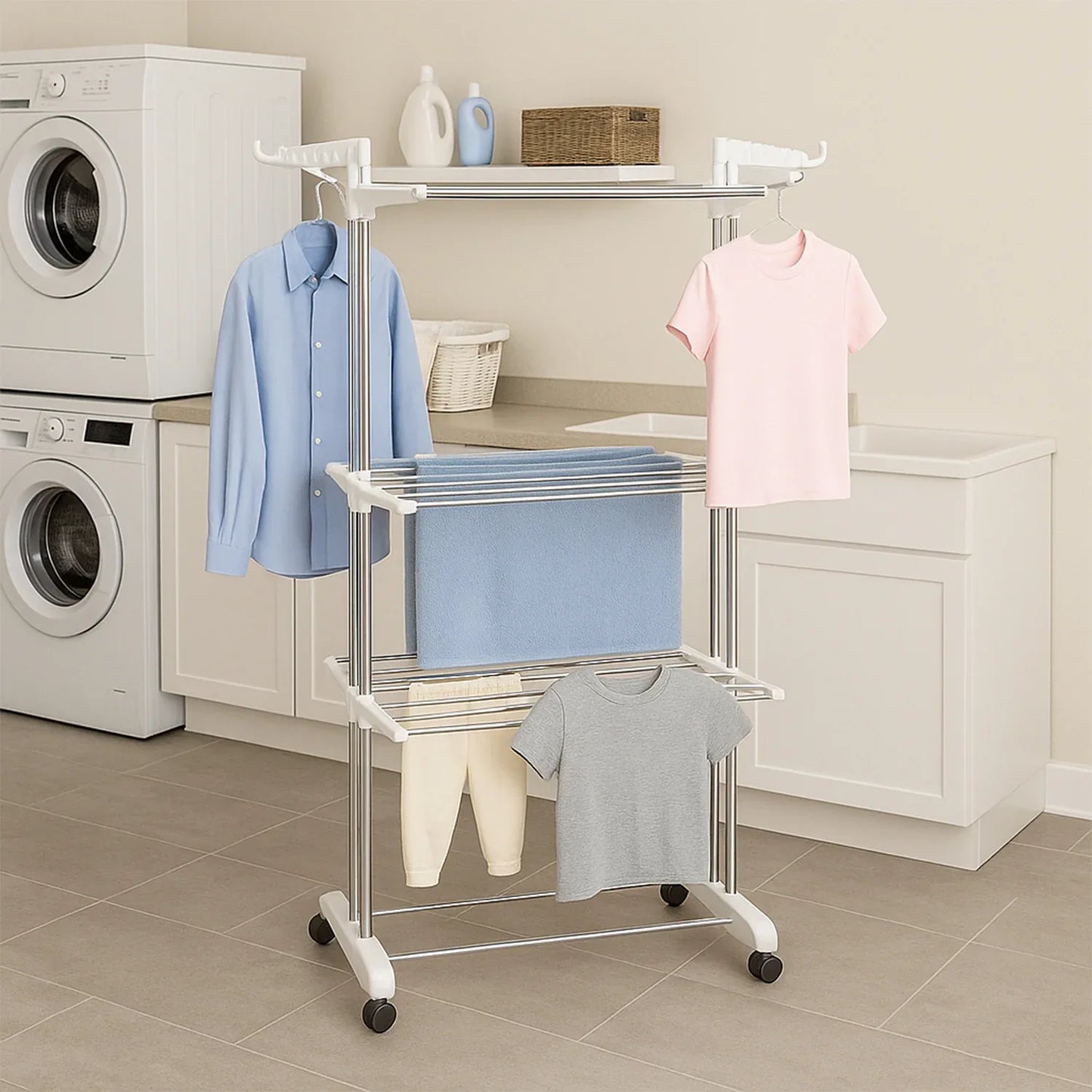 3-tier Foldable Stainless Steel Cloth Drying Stand With Wheels - warehousetech13