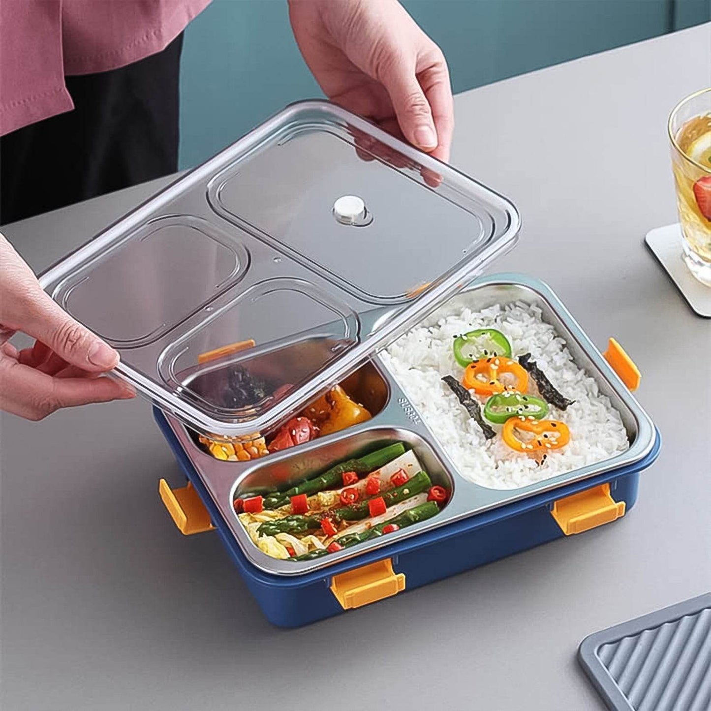 Lunch Box With A Spoon And A Pair Of Chopsticks (1 Set) 3 Compartment Transparent Stainless Steel - warehousetech13