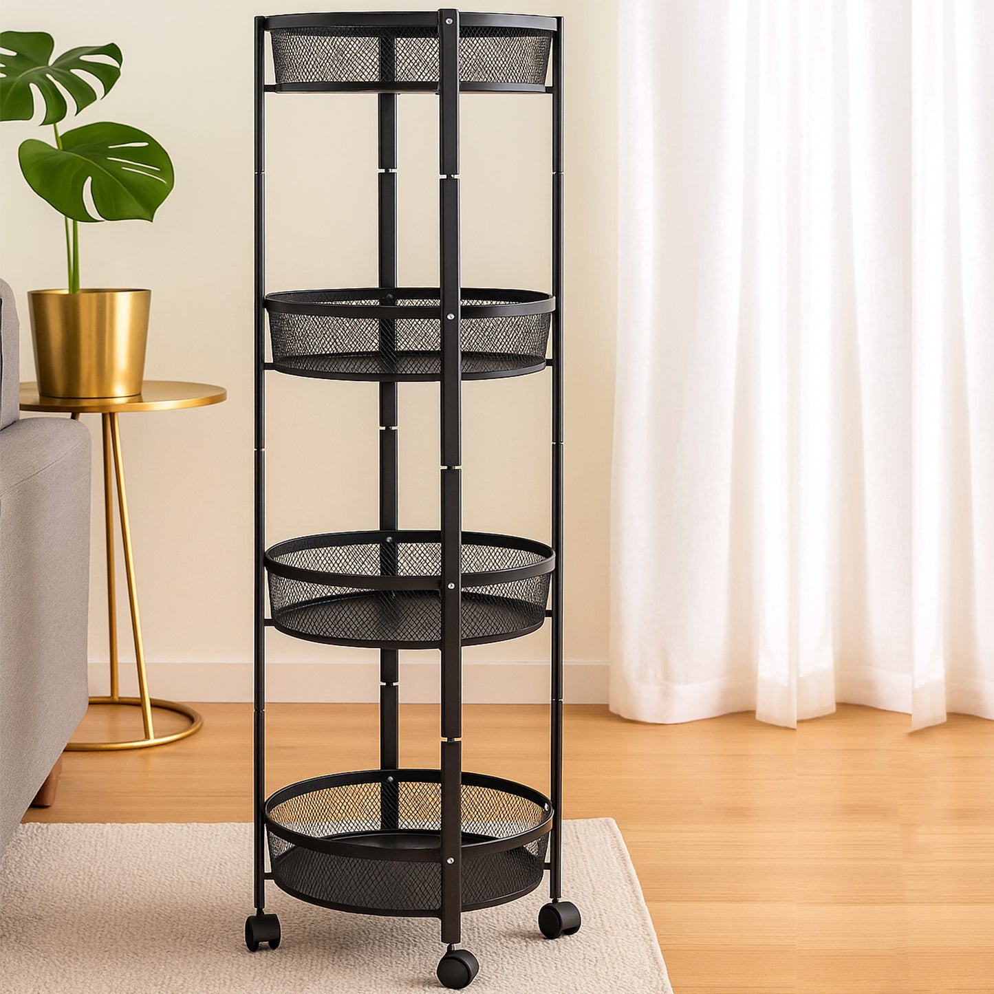 Round Metal Mesh Storage Organizer Rack,4-layer With Wheels (1 Pc)