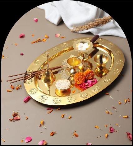 Divyaneel Swastik Theme Brass Pooja Thali – Silver Plated | Handcrafted Ritual Plate with 4 Incense Holders & Sacred Bell | Traditional Indian Puja Set.Sacred Swastik Design - warehousetech13