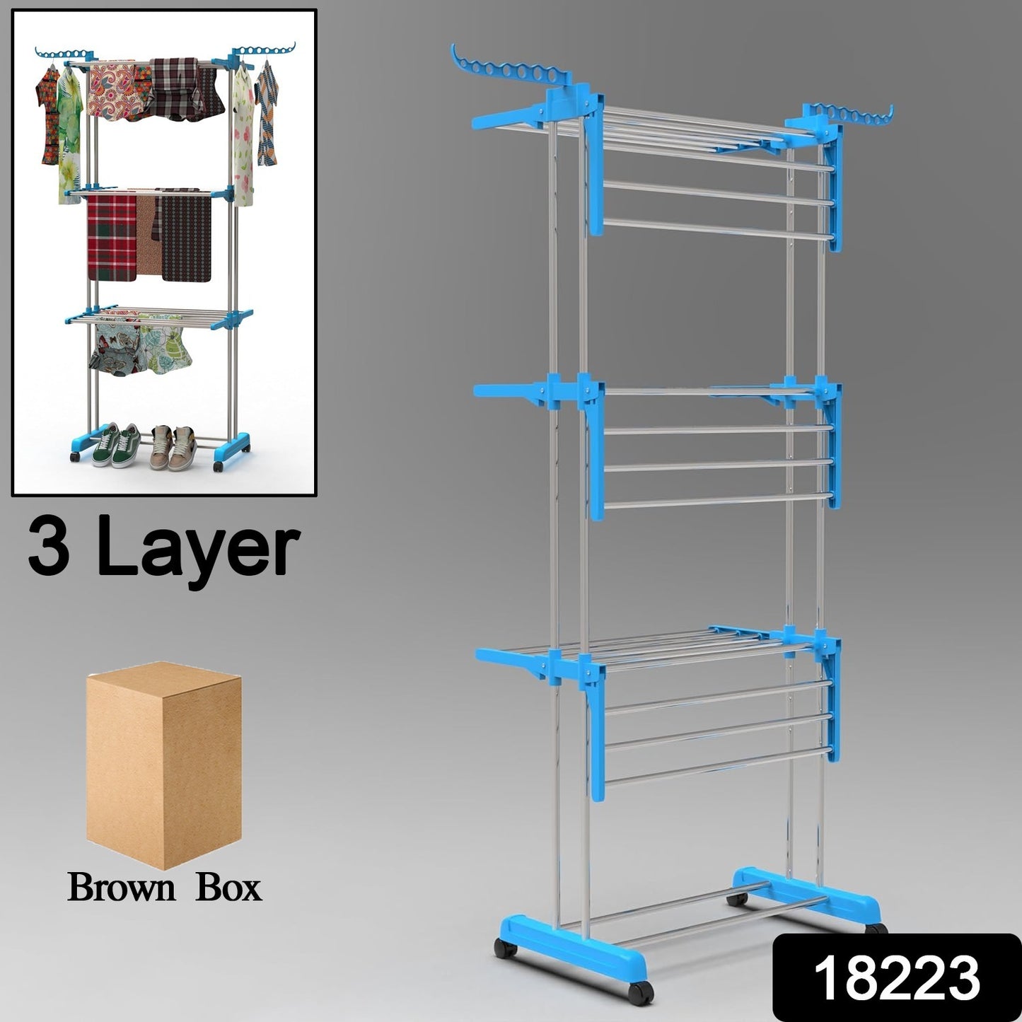 Premium Heavy Duty Stainless Steel 3 Layer Foldable Cloth Drying Stand (1 Set With Brown Box) - warehousetech13