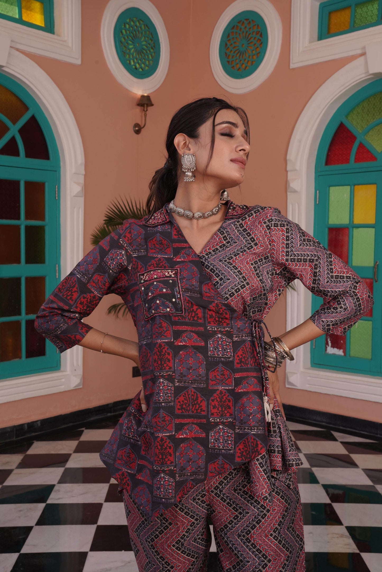 Atrangi Red Chanderi Co-Ord Set - Elegant Ethnic Wear with Intricate Khatwork Detailing