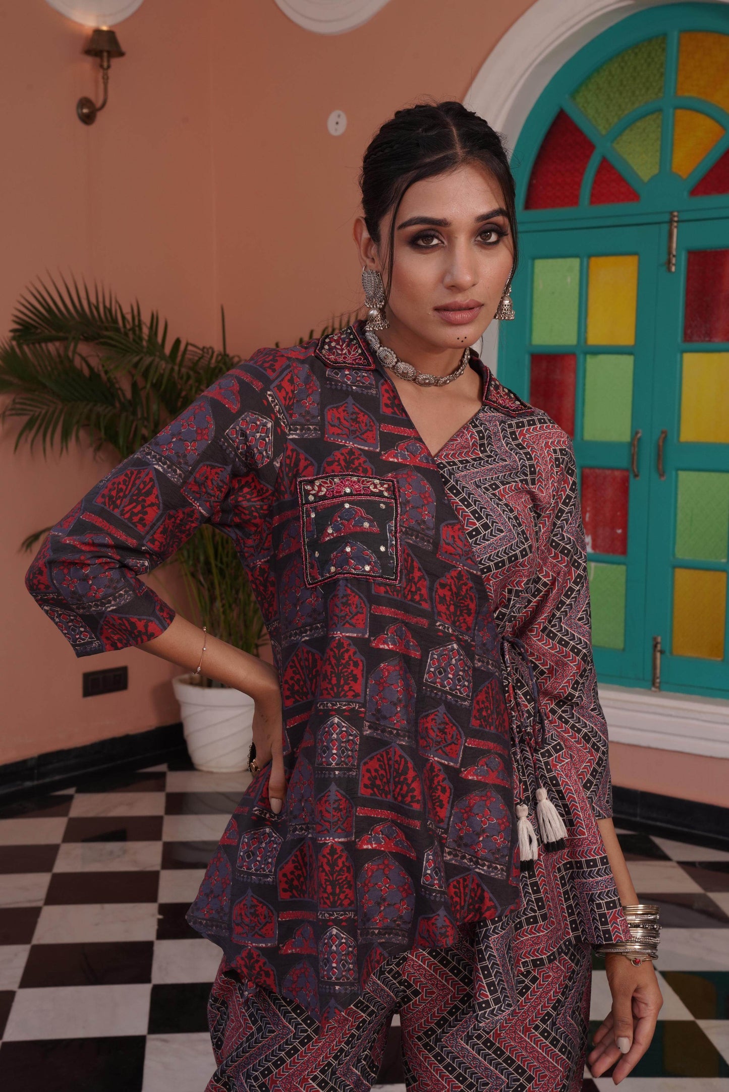 Atrangi Red Chanderi Co-Ord Set - Elegant Ethnic Wear with Intricate Khatwork Detailing