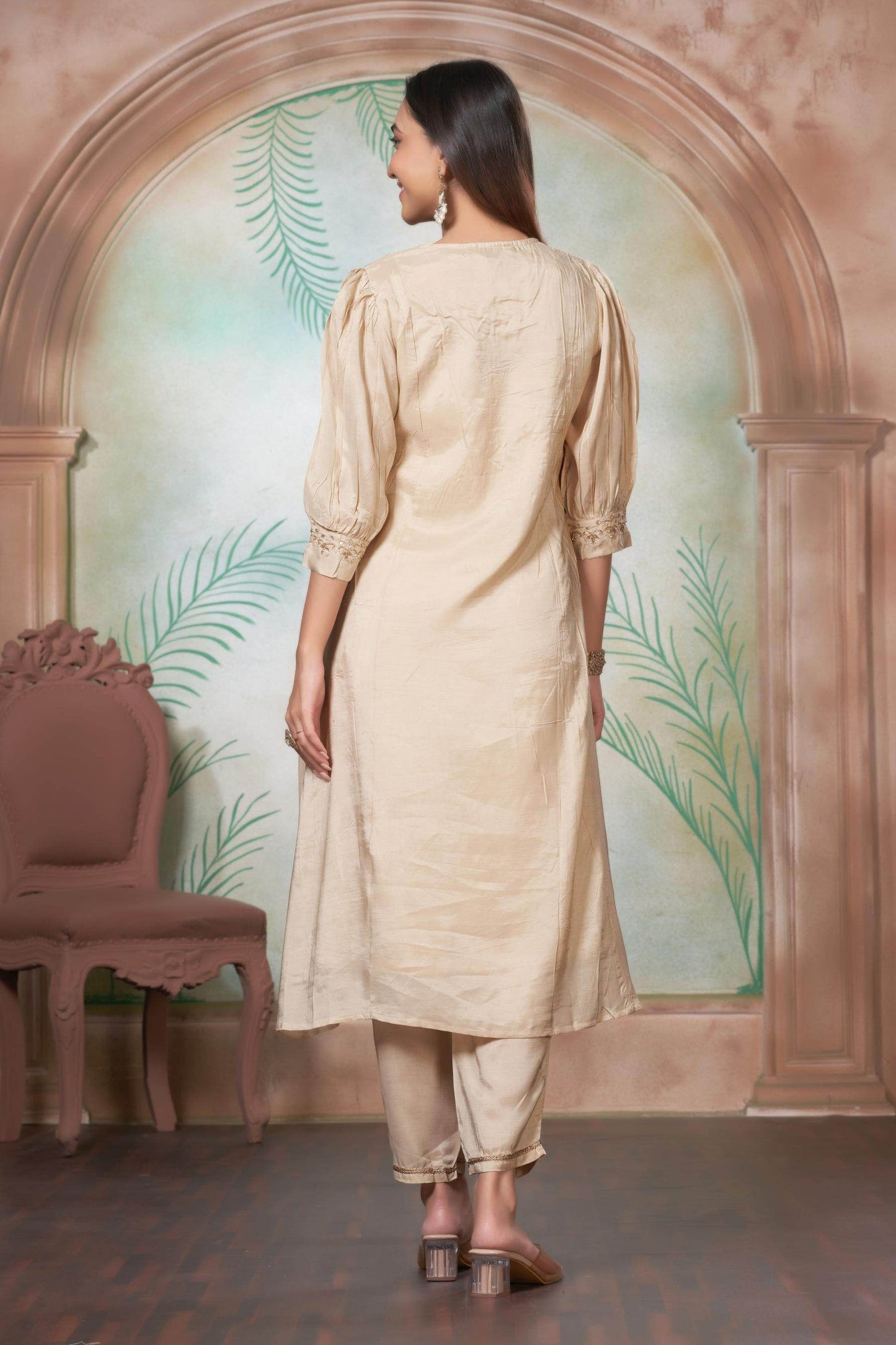 Gayatri Muslin Beige & Red Kurta Set with Dupatta – Elegant Festive Ethnic Wear for Women
