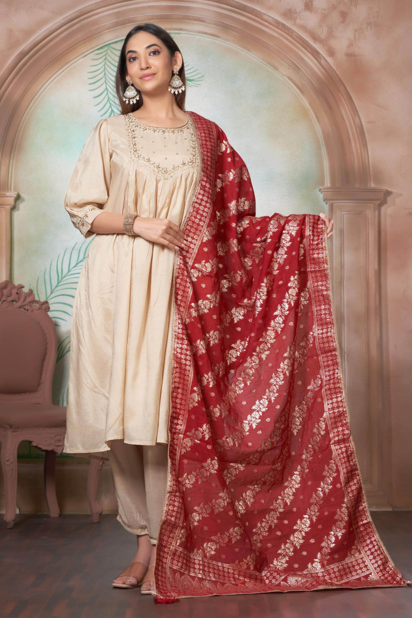 Gayatri Muslin Beige & Red Kurta Set with Dupatta – Elegant Festive Ethnic Wear for Women