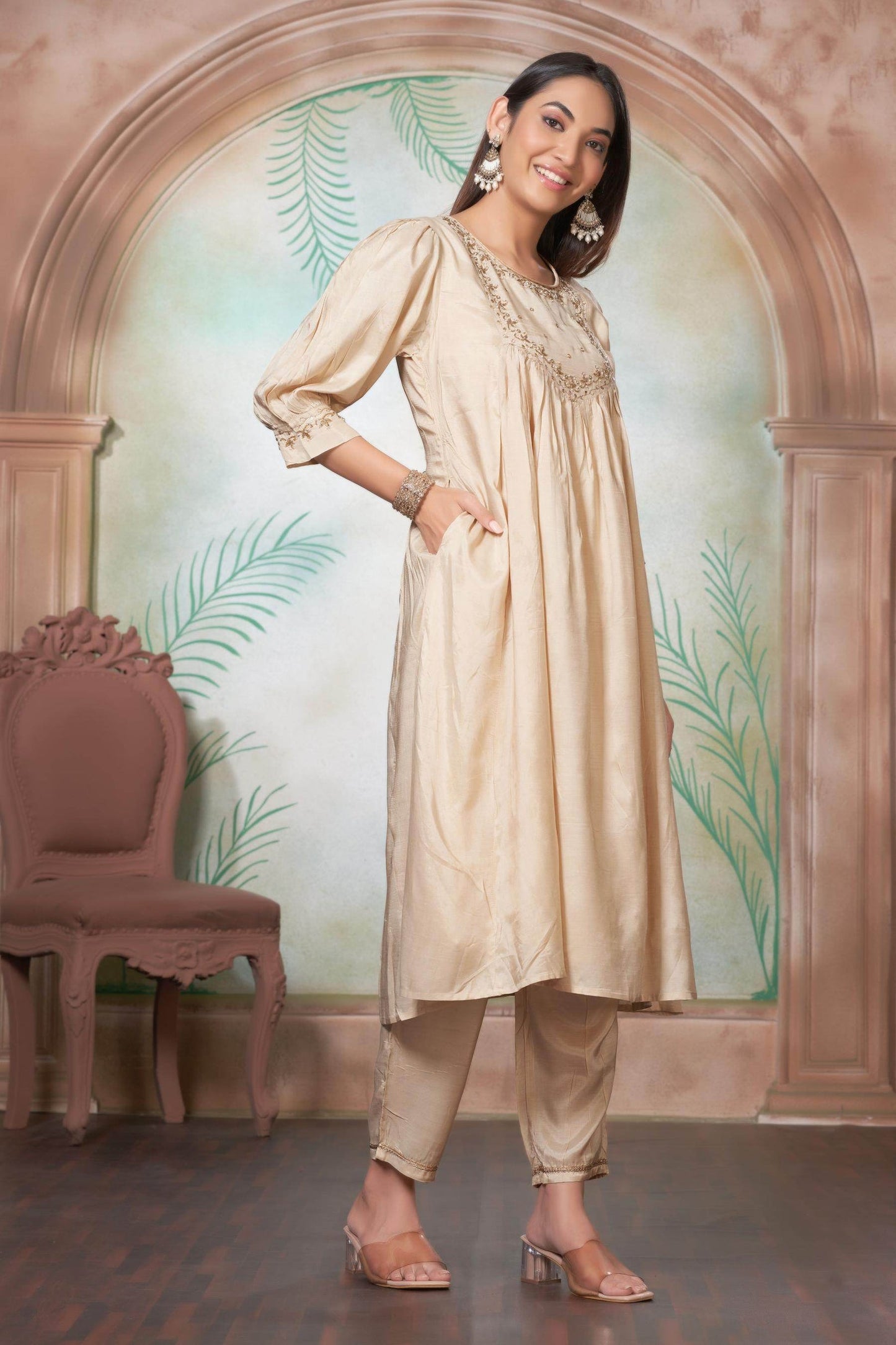 Gayatri Muslin Beige & Red Kurta Set with Dupatta – Elegant Festive Ethnic Wear for Women