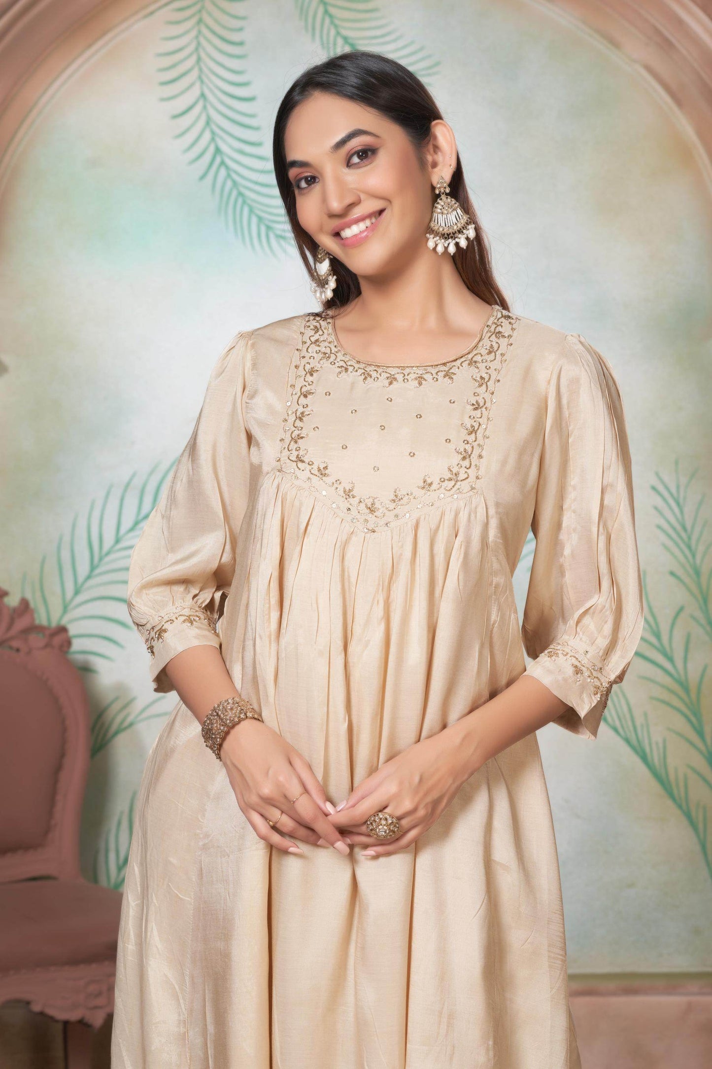 Gayatri Muslin Beige & Red Kurta Set with Dupatta – Elegant Festive Ethnic Wear for Women