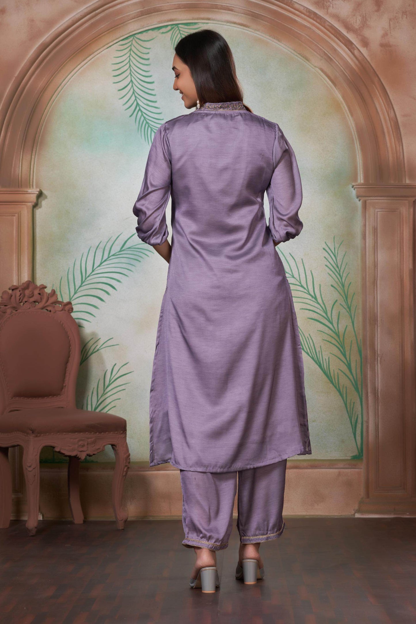 Shama Women’s Silk Kurta Set in Peach and Purple with Dupatta – Festive Wear Outfit